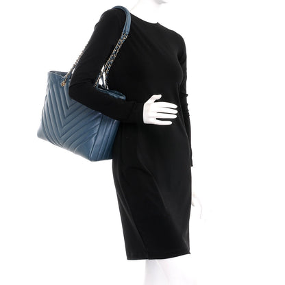 Chanel Metallic Calfskin Chevron Quilted Statement Shopping Bag Blue 9 of 14