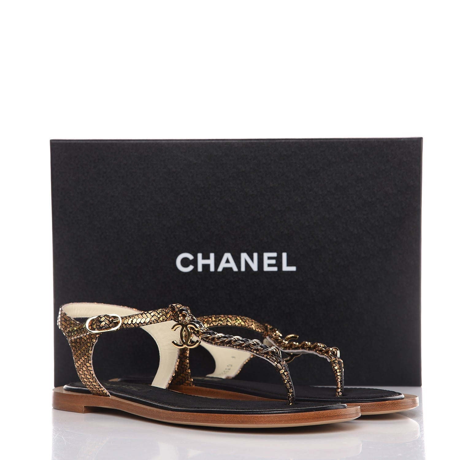 Chanel Fantasy Goatskin Velvet CC Chain Thong Sandals 38.5 Gold Black 9 of 9