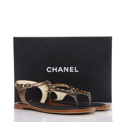 Chanel Fantasy Goatskin Velvet CC Chain Thong Sandals 38.5 Gold Black 9 of 9
