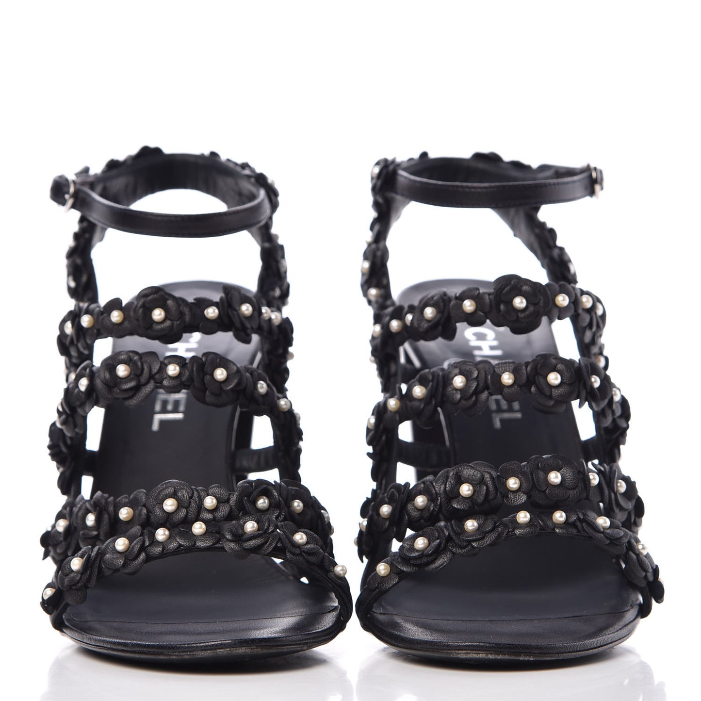 Lambskin Pearl Camellia Sandals 38.5 Dark Navy Blue