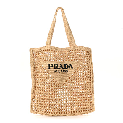 Prada Yarn Raffia Effect Crochet Logo Embroidered Tote Bag Naturale 1 of 10