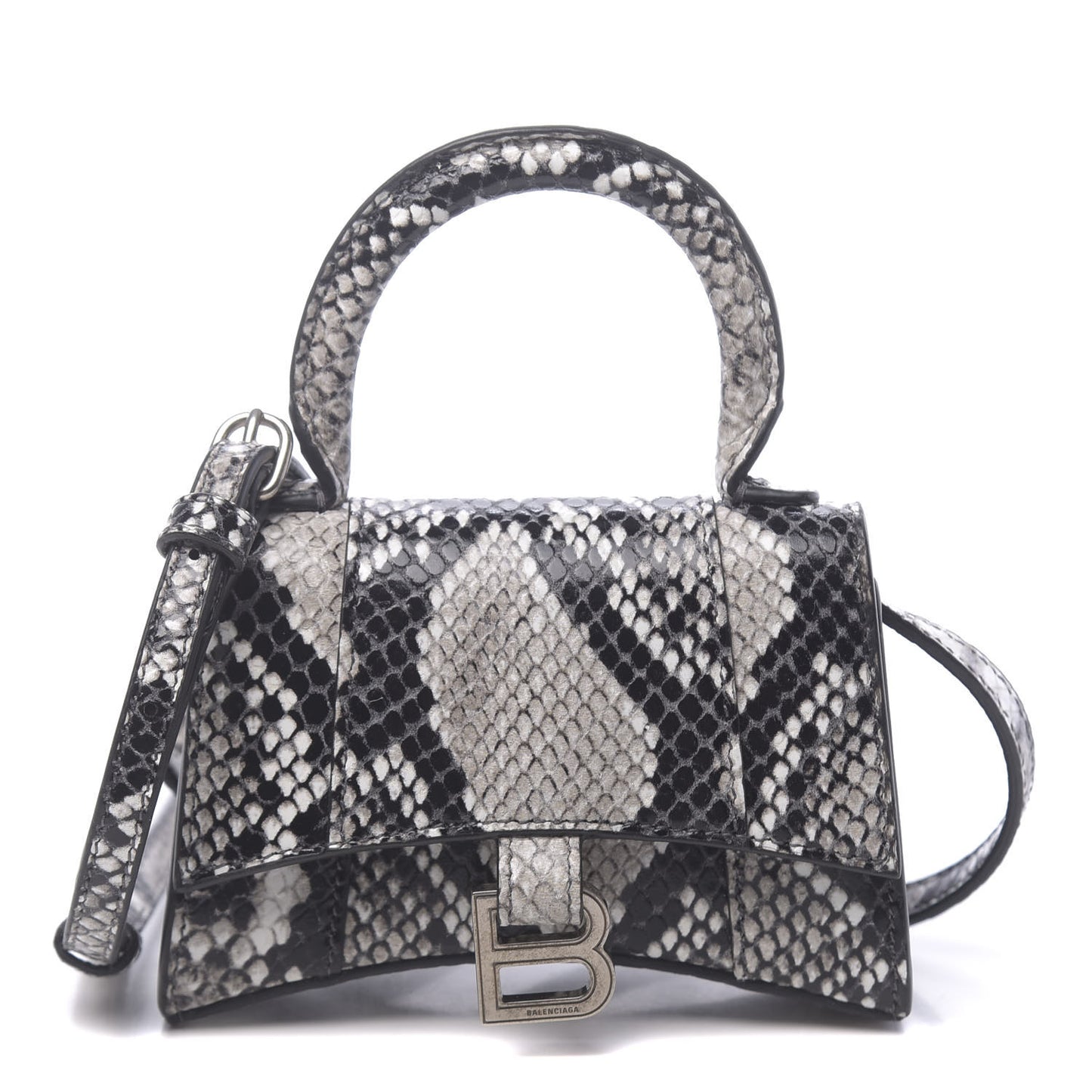 Shiny Calfskin Python Effect Hourglass Top Handle Bag Mini Black White