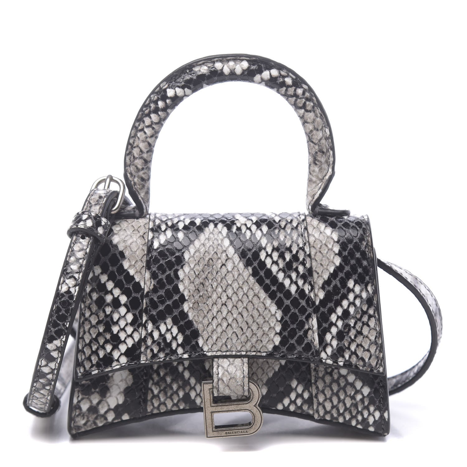 Balenciaga Shiny Calfskin Python Effect Hourglass Top Handle Bag Mini Black White 1 of 10