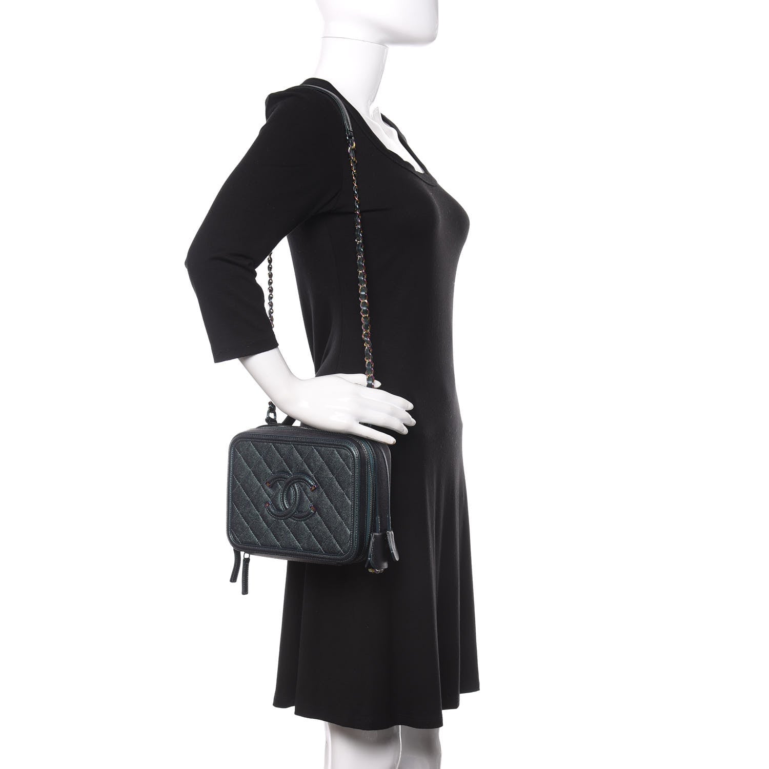 Chanel Iridescent Caviar Quilted Medium CC Filigree Vanity Case Dark Turquoise 2 of 10