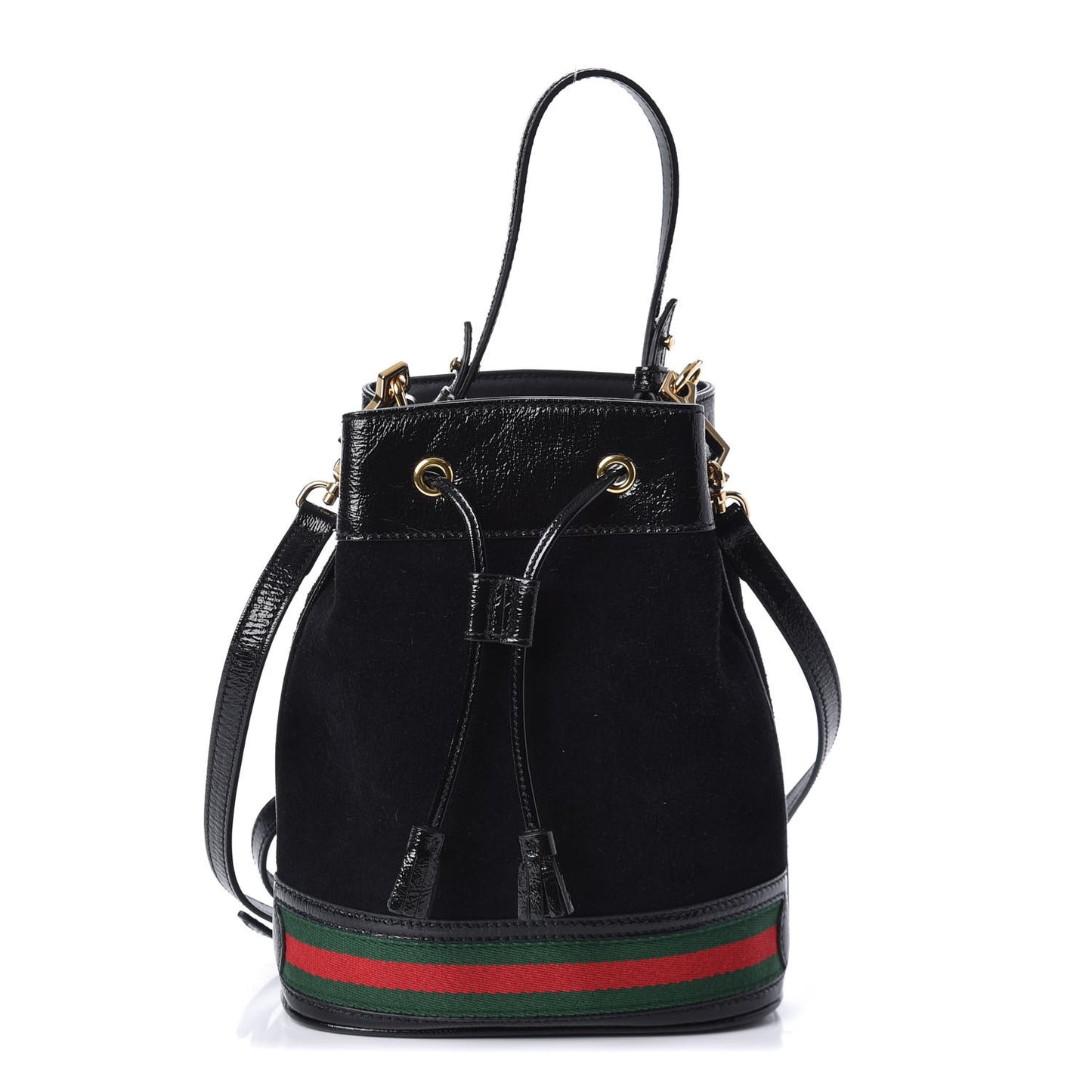 Suede Patent Web Small Ophidia Bucket Bag Black