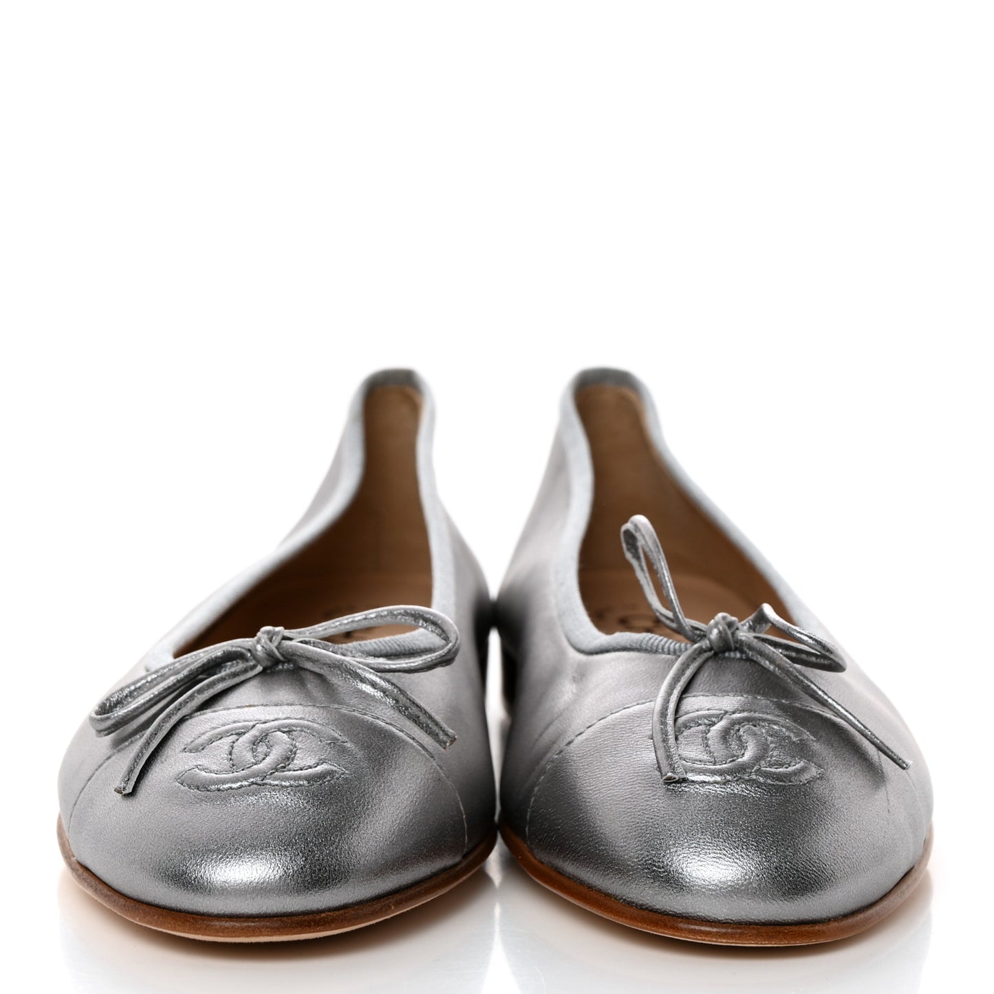 Metallic Lambskin CC Cap Toe Ballerina Flats 37 Silver