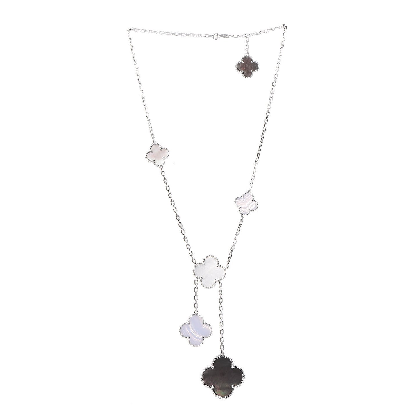 18K White Gold Mother of Pearl Chalcedony 6 Motifs Magic Alhambra Necklace