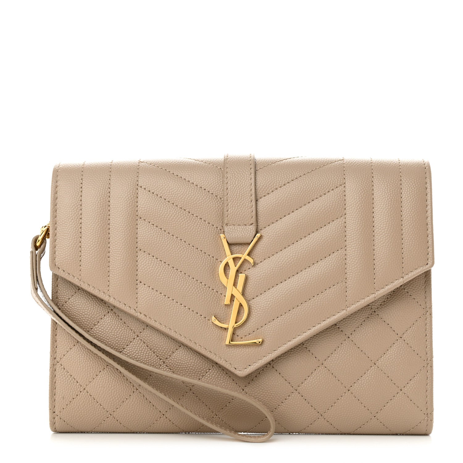 Saint Laurent Grain De Poudre Textured Mixed Matelasse Triquilt Monogram Clutch Dark Beige 1 of 10