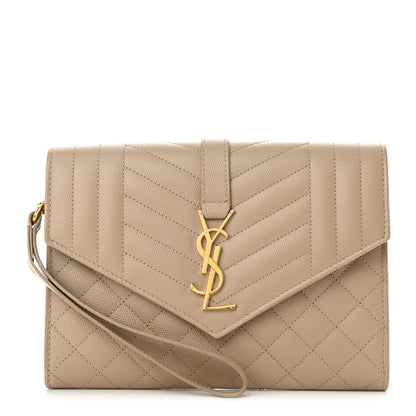Saint Laurent Grain De Poudre Textured Mixed Matelasse Triquilt Monogram Clutch Dark Beige 1 of 10