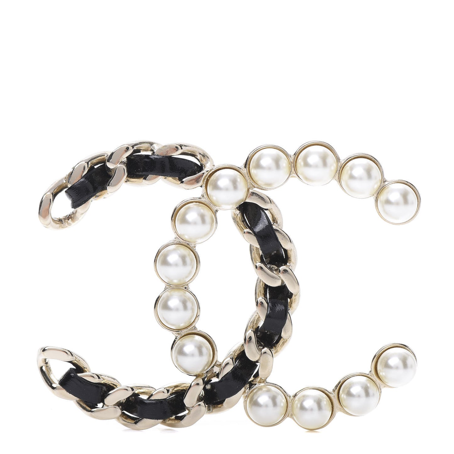 Lambskin Pearl CC Chain Brooch Black Gold