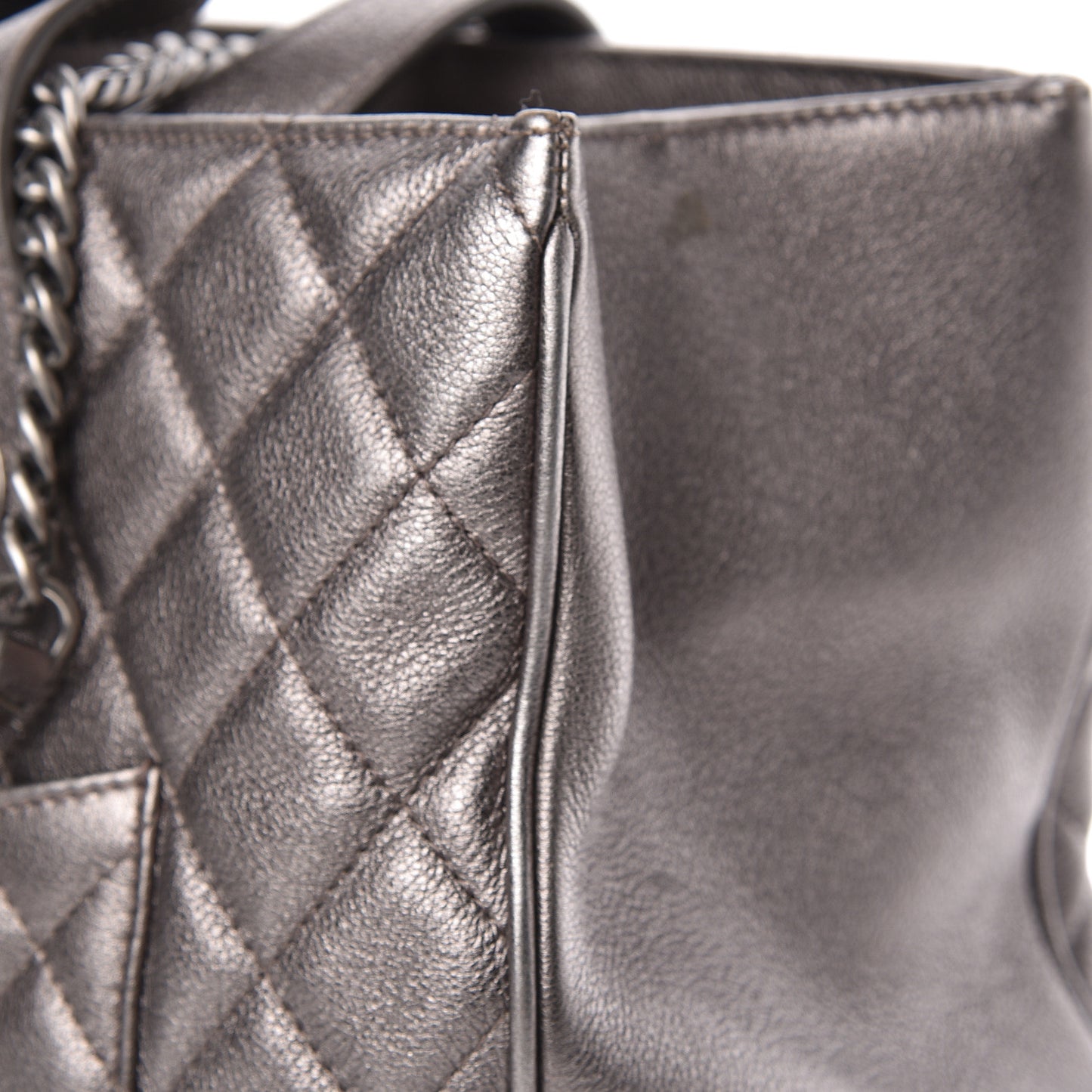 Metallic Grained Calfskin Quilted Large Casual Pocket Tote Silver