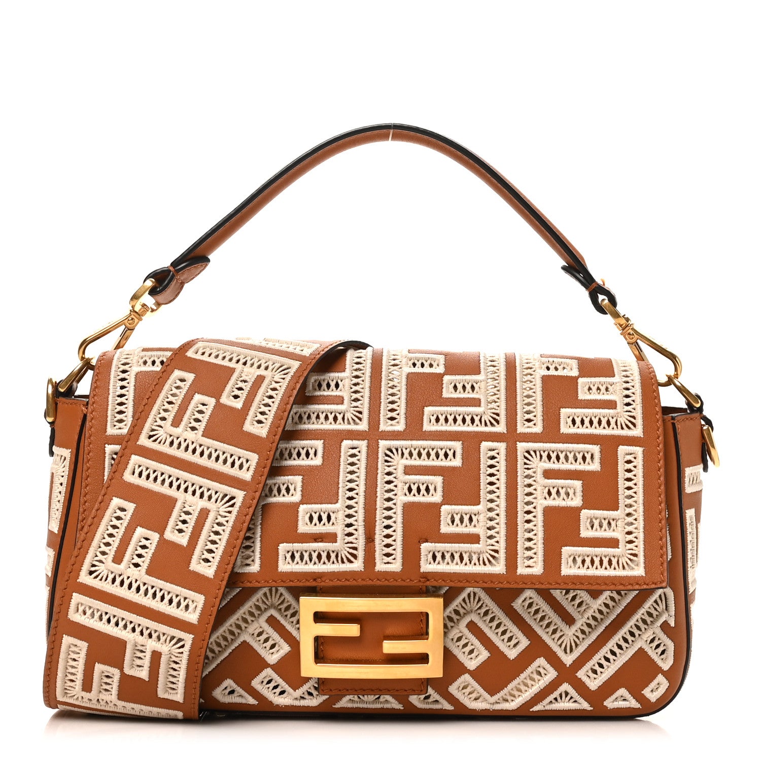 Fendi Vitello Seta FF Ajour Embroidered Baguette Brandy 1 of 9