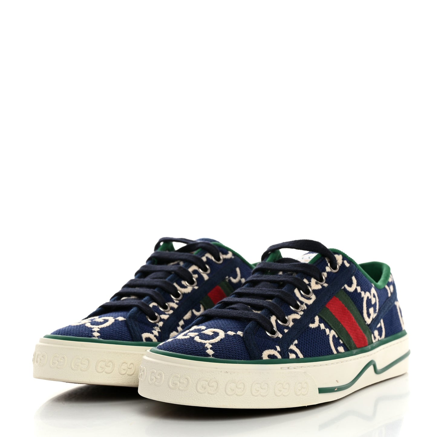 Cotton GG Monogram Web Womens 1977 Tennis Sneakers 37 Ink Ivory Blue