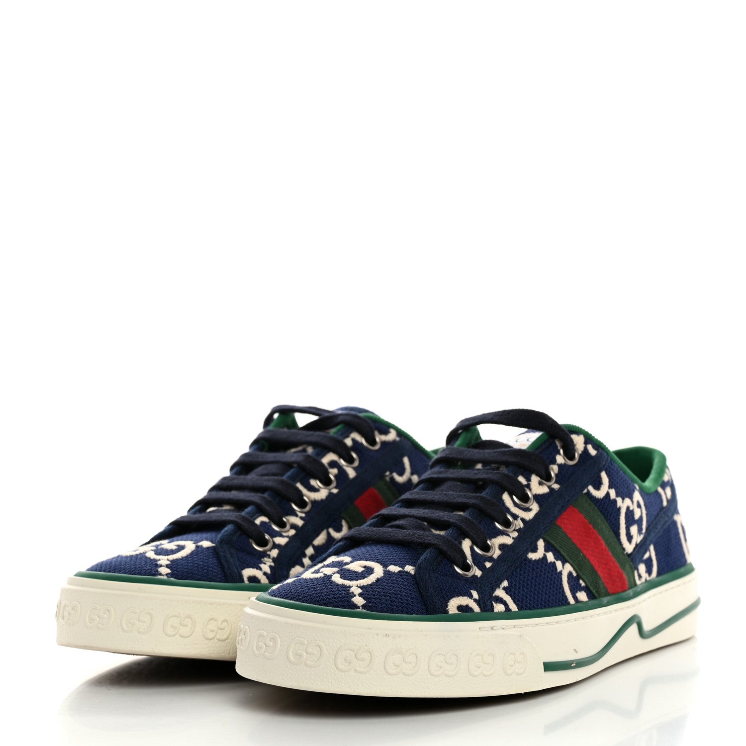 Gucci Cotton GG Monogram Web Womens 1977 Tennis Sneakers 37 Ink Ivory Blue 3 of 7