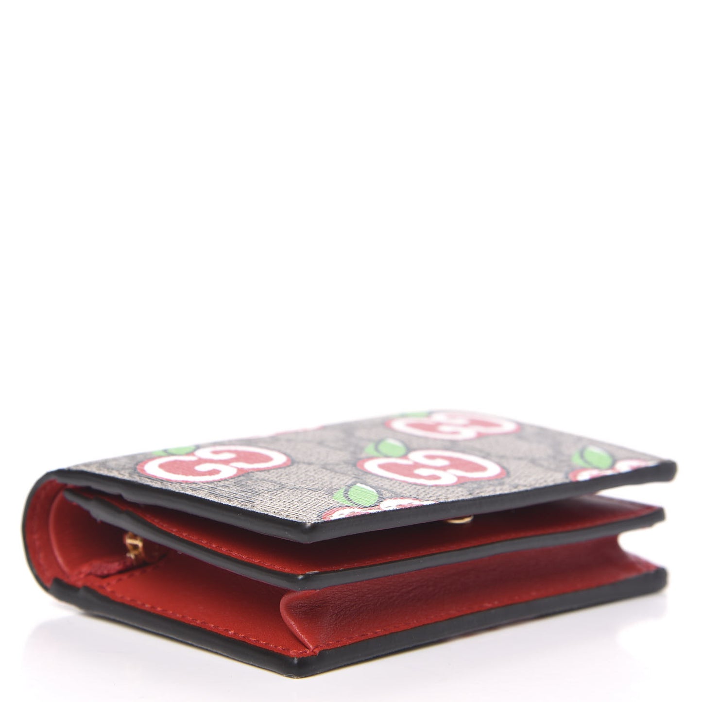 GG Supreme Monogram Apple Card Case Wallet Beige Multicolor Lobster Red