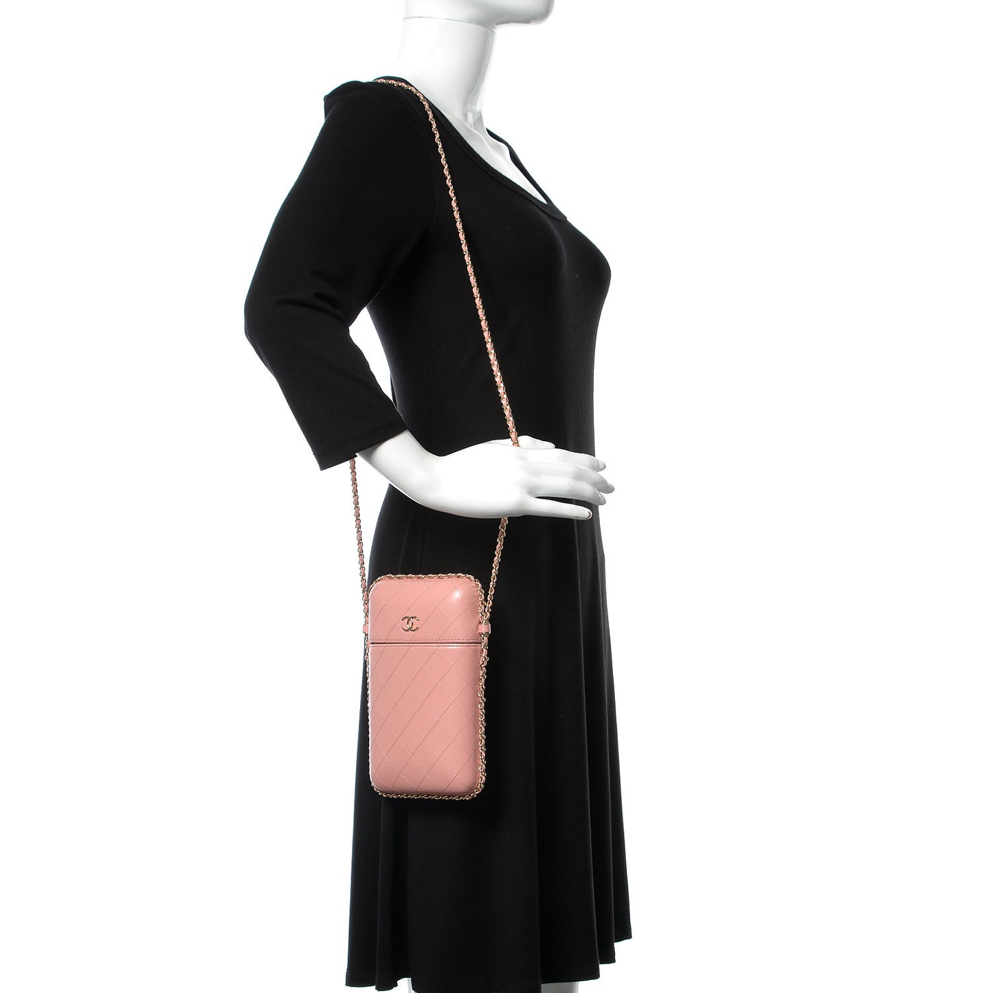 Lambskin Quilted Chain Around Phone Holder Pink