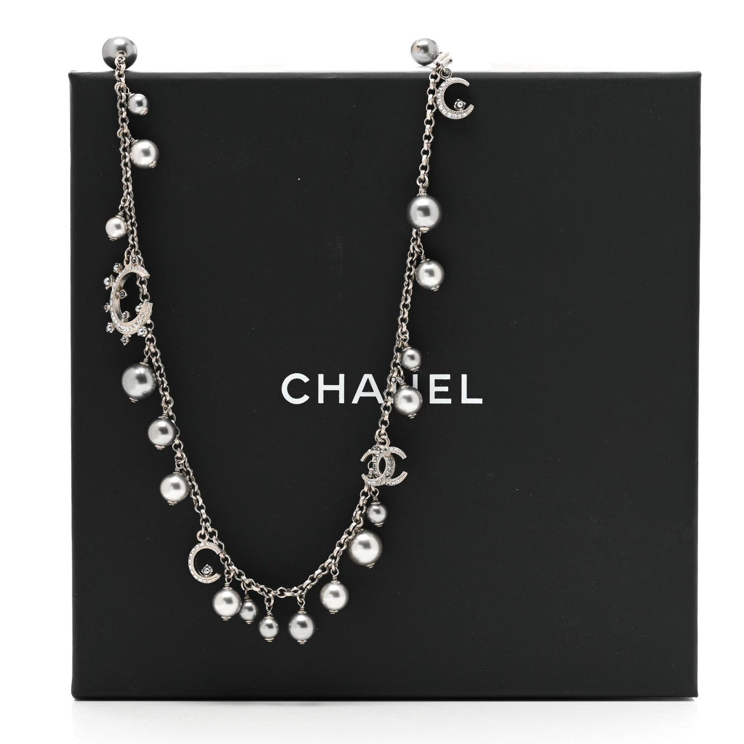 Crystal Pearl CC Moon Long Necklace Silver Grey