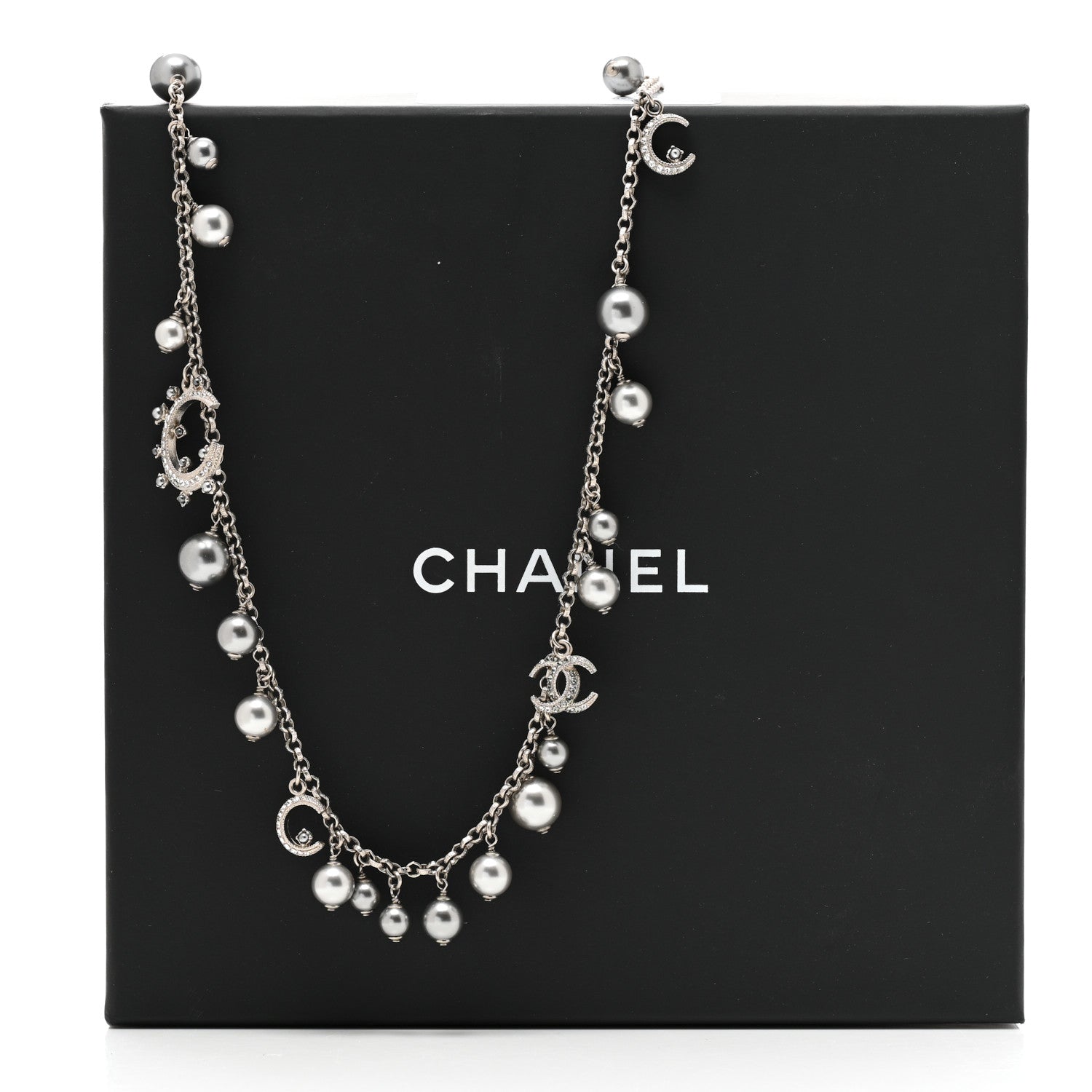 Chanel Crystal Pearl CC Moon Long Necklace Silver Grey 6 of 6