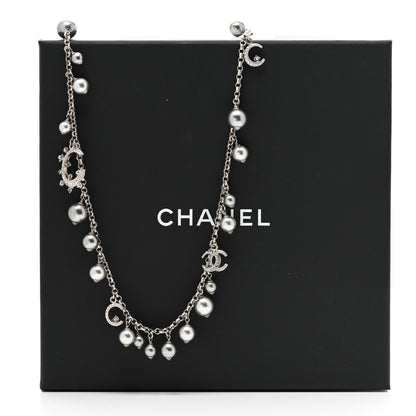 Chanel Crystal Pearl CC Moon Long Necklace Silver Grey 6 of 6