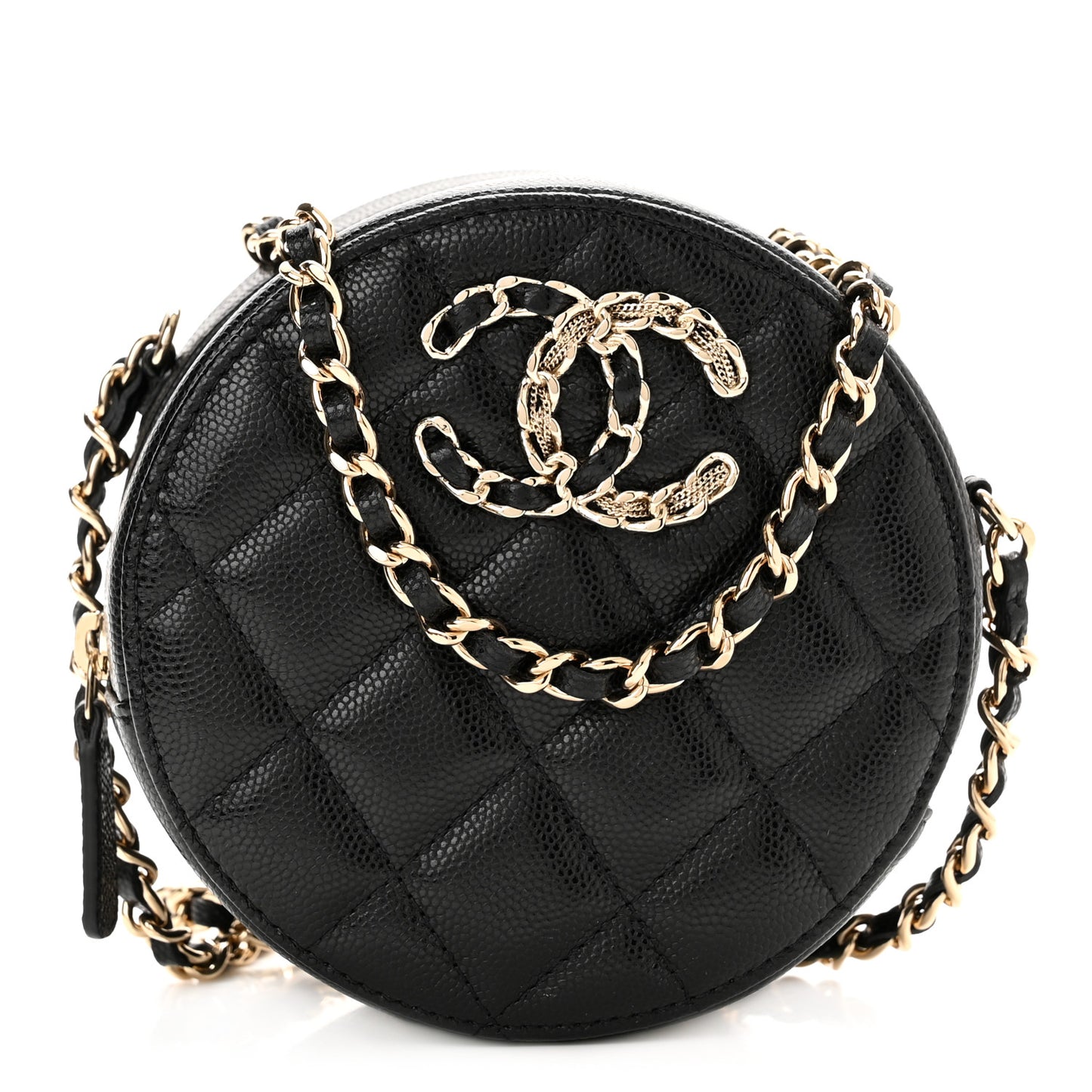 Caviar Quilted French New Wave Round Clutch With Chain Black