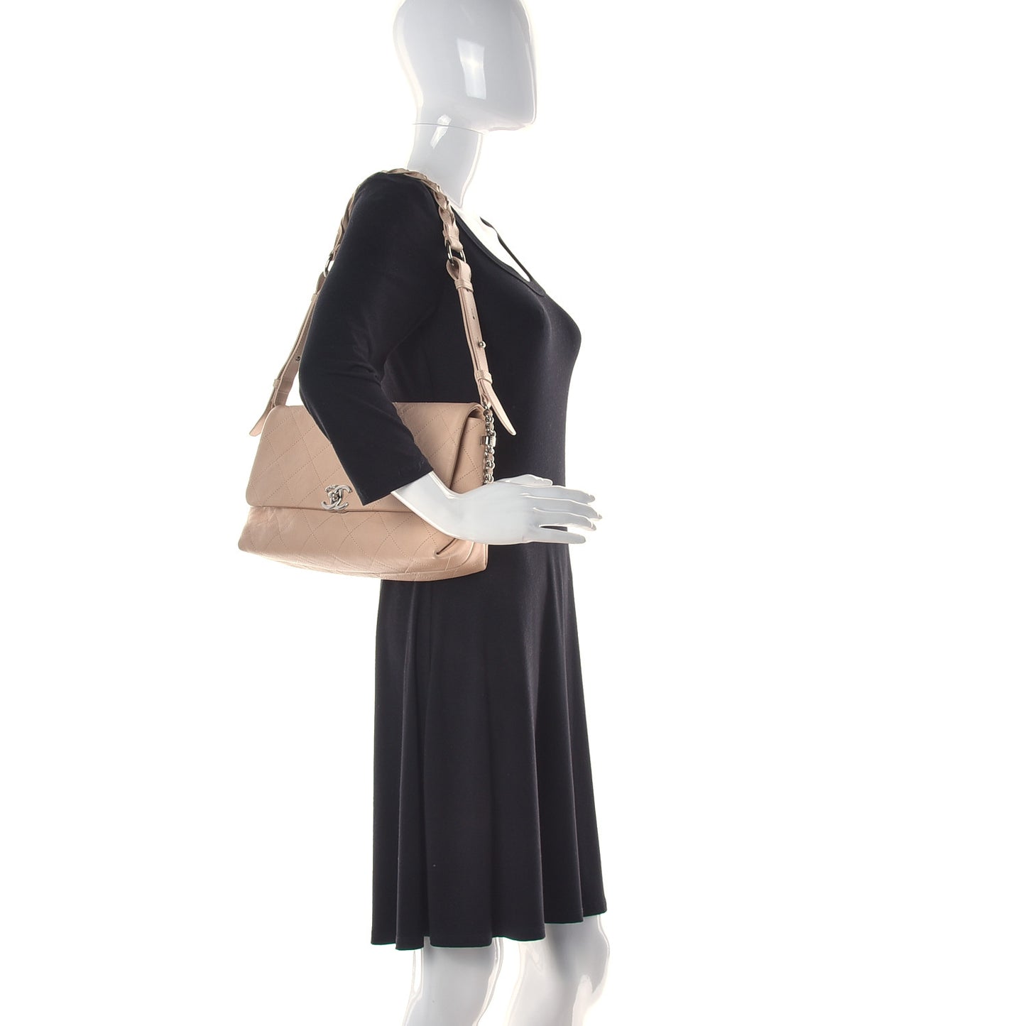 Grained Calfskin Stitched Small Braided With Style Flap Beige