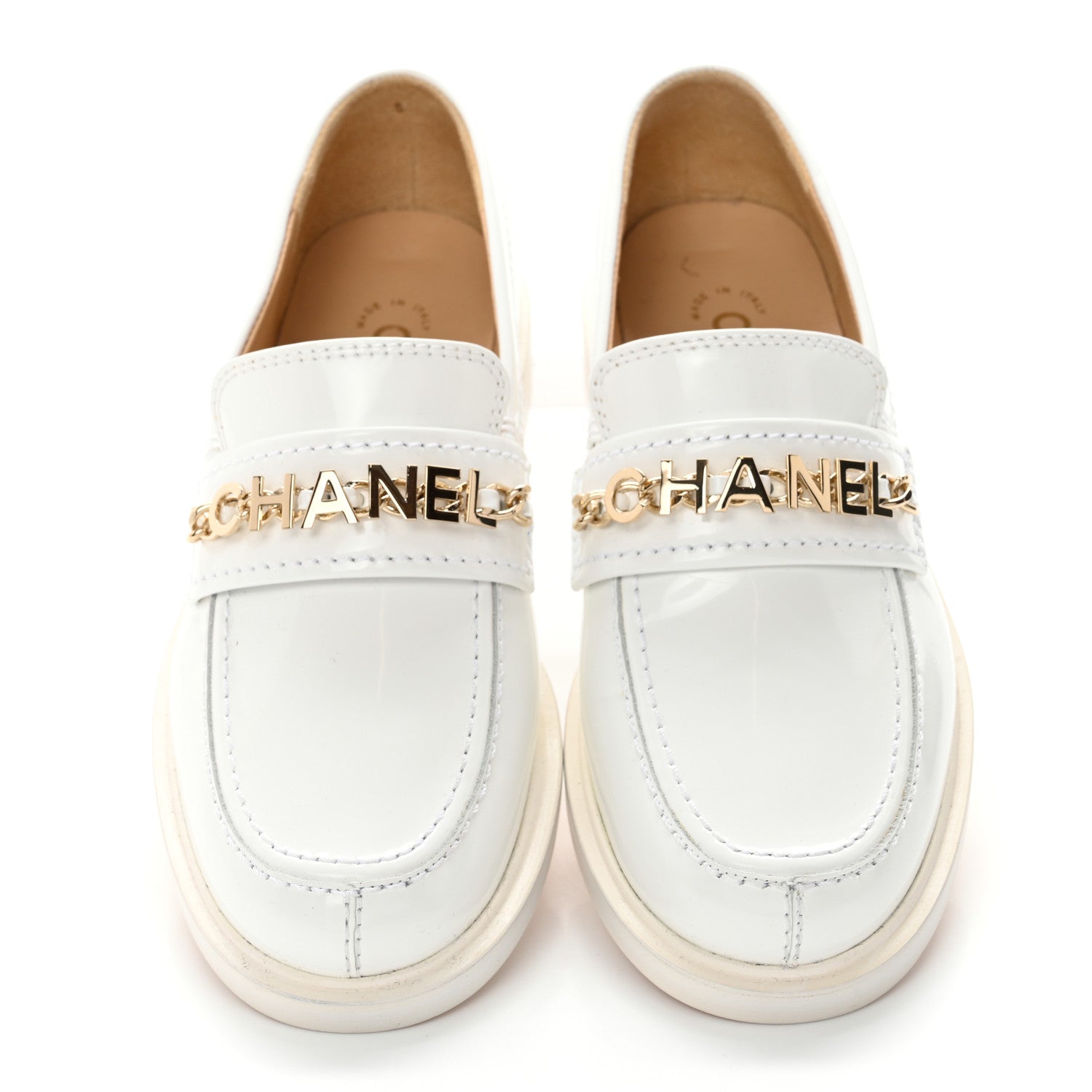 Chanel Shiny Calfskin Logo Loafers 35.5 White 6 of 11