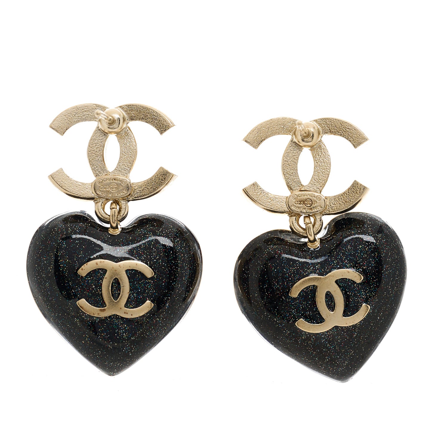 Crystal CC Resin Heart Drop Earrings Black Gold