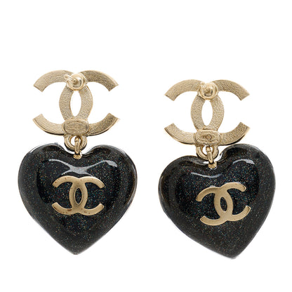Chanel Crystal CC Resin Heart Drop Earrings Black Gold 4 of 5