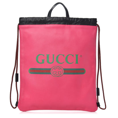 Gucci Grained Calfskin Logo Drawstring Backpack Box Pink Green Black 1 of 9