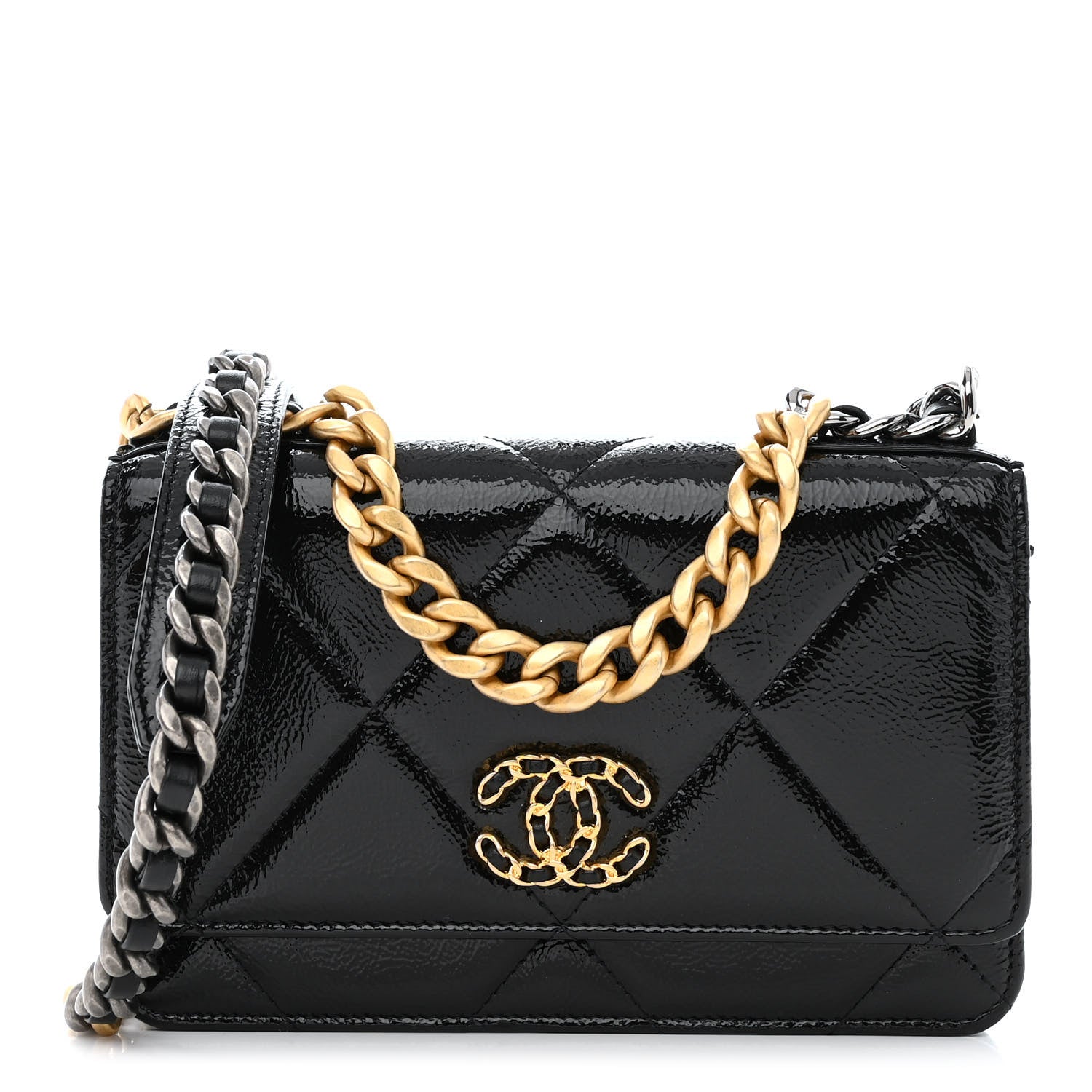 Chanel Shiny Crumpled Calfskin Quilted Chanel 19 Wallet On Chain WOC Black 1 of 14