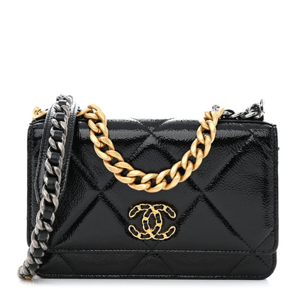 Chanel Shiny Crumpled Calfskin Quilted Chanel 19 Wallet On Chain WOC Black 1 of 14