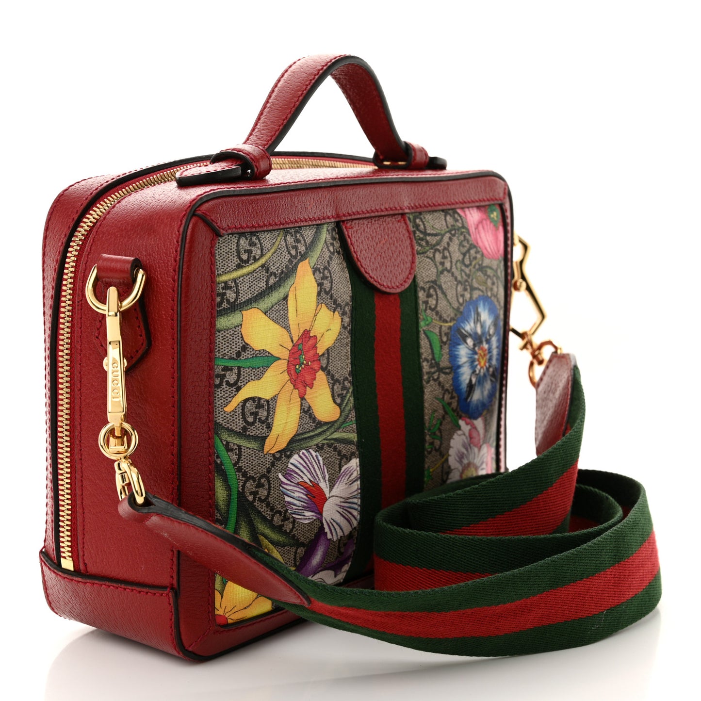 GG Supreme Monogram Flora Web Small Ophidia Top Handle Shoulder Bag Hibiscus Red