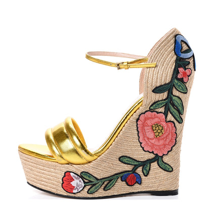 Gucci Metallic Nappa Ophelia Espadrille Platform Wedge Sandals 40 Oro Vecchio 1 of 13