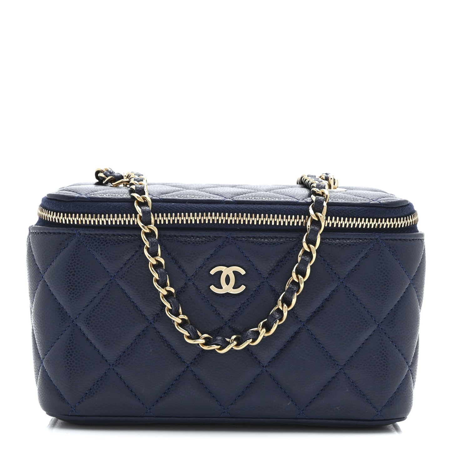 Caviar Quilted Small Vanity Case With Chain Navy Blue