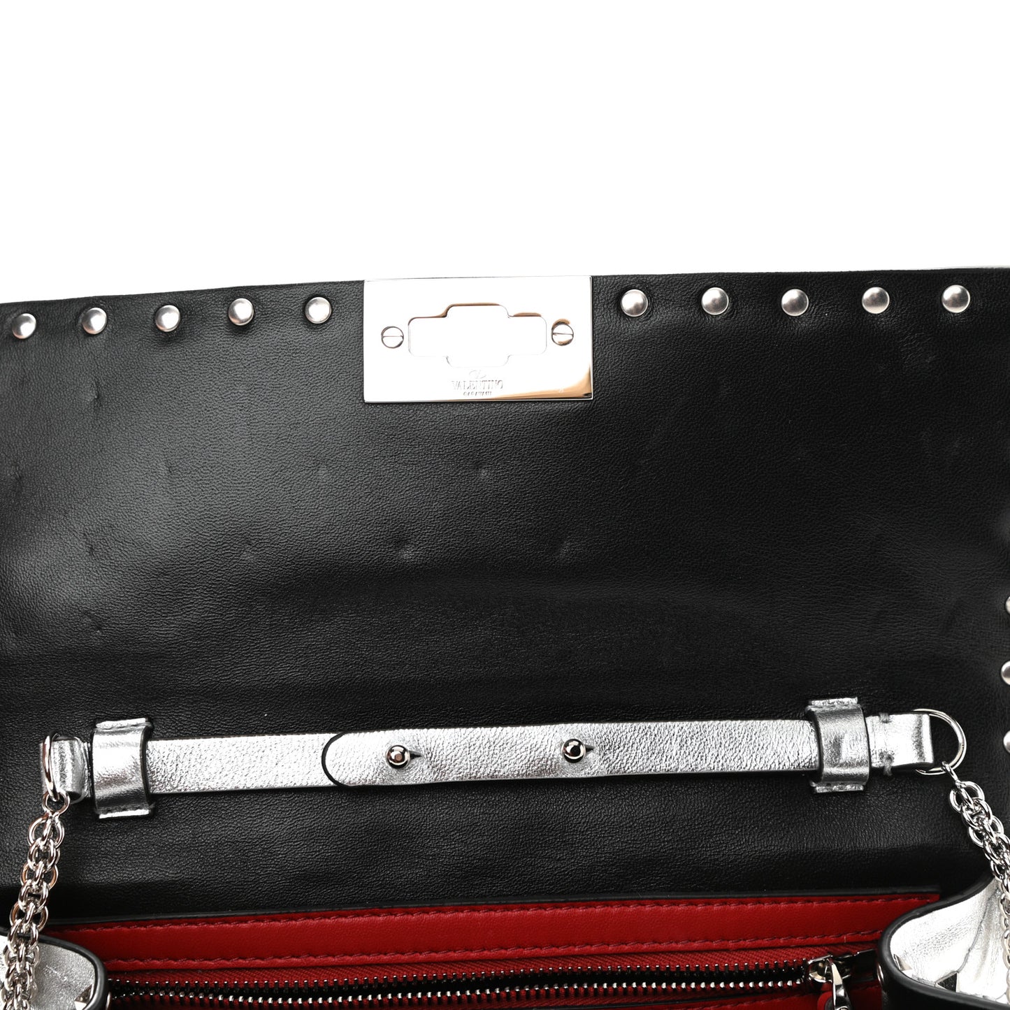 Metallic Lambskin Rockstud Spike Wallet on Chain Silver