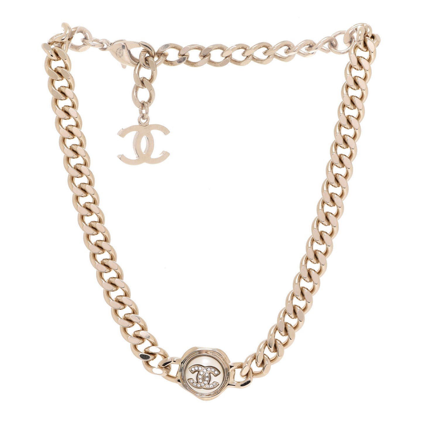 Pearl Crystal CC Chain Choker Necklace Gold