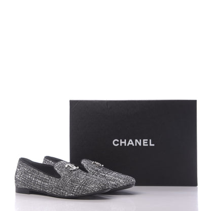 Chanel Fantasy Fabric Grosgrain CC Mocassin Loafers 37 White Black 11 of 11