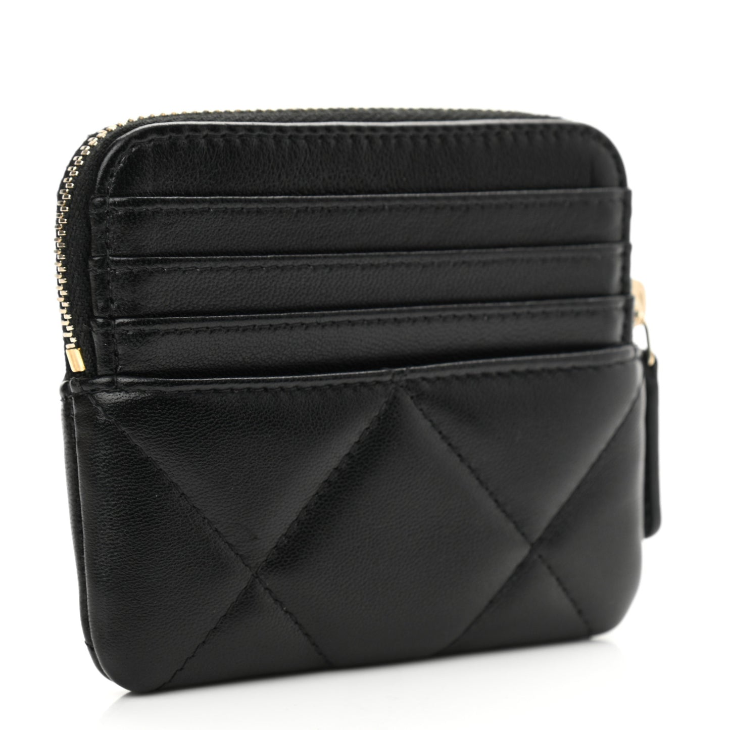 Lambskin Quilted Chanel 19 Zip Card Holder Wallet Black