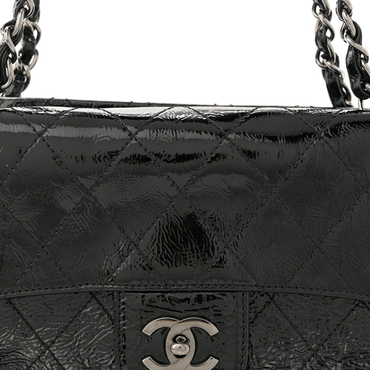 Distressed Patent Quilted Small Ritz Flap Bag Black