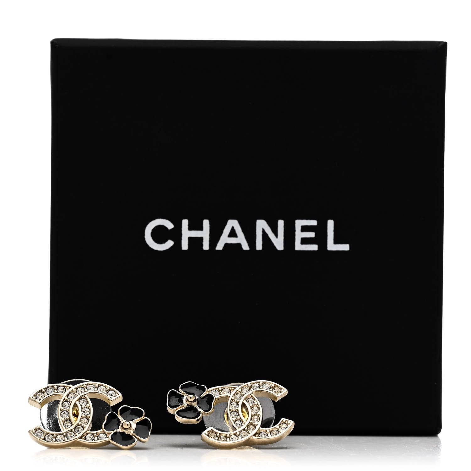 Chanel Metal Resin Crystal CC Flower Earrings Black Gold 5 of 5