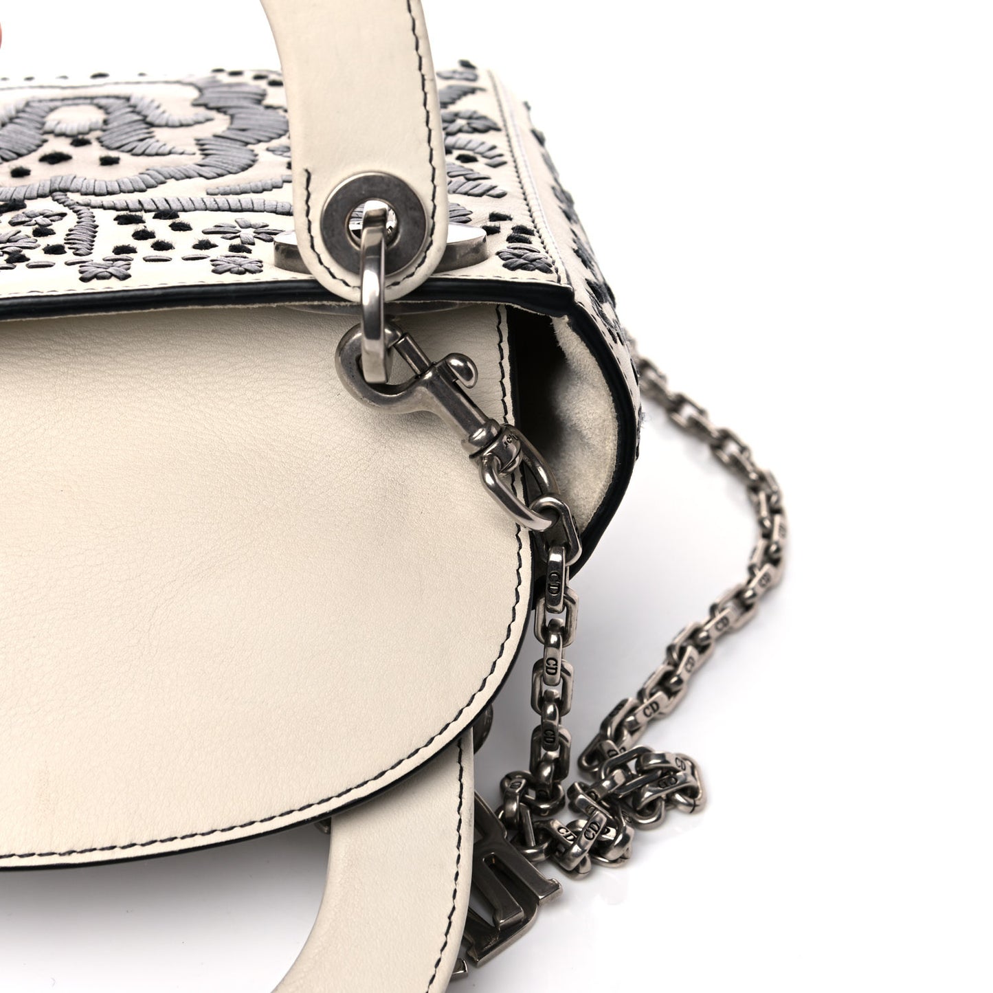 Calfskin Floral Embroidered Mini Lady Dior Black White