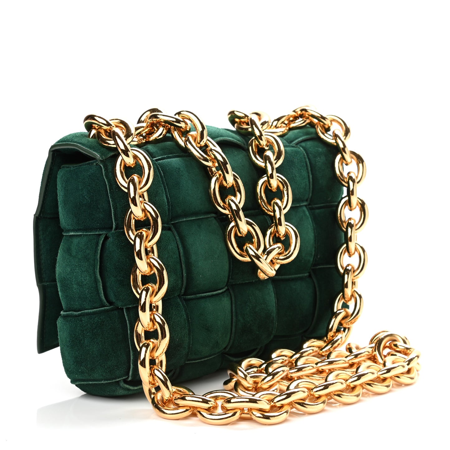 Suede Maxi Intrecciato Padded Chain Cassette Crossbody Bag Emerald Green