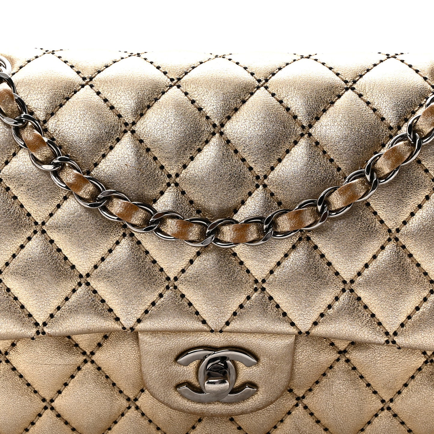 Metallic Washed Lambskin Quilted Medium Double Flap Dark Gold Black