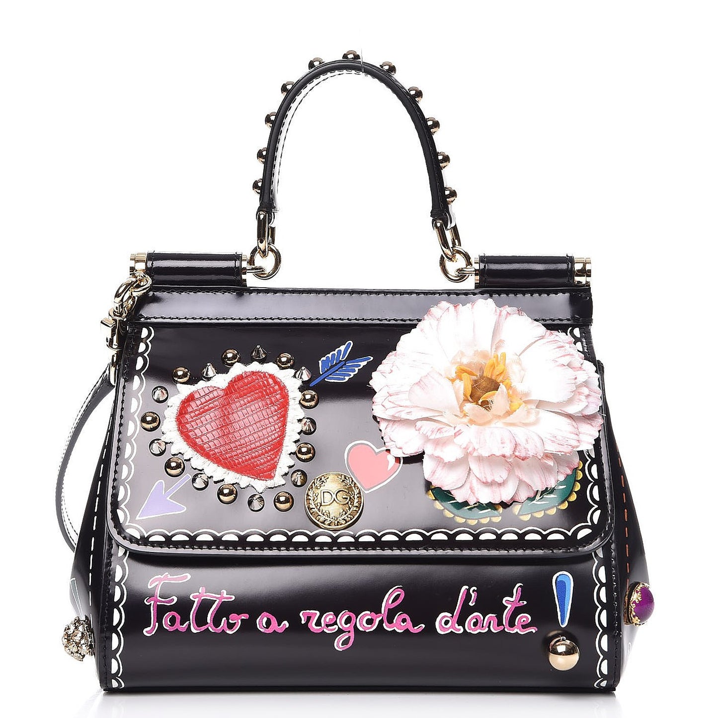 Glazed Calfskin Embroidered Medium Heart Flower Miss Sicily Satchel Black