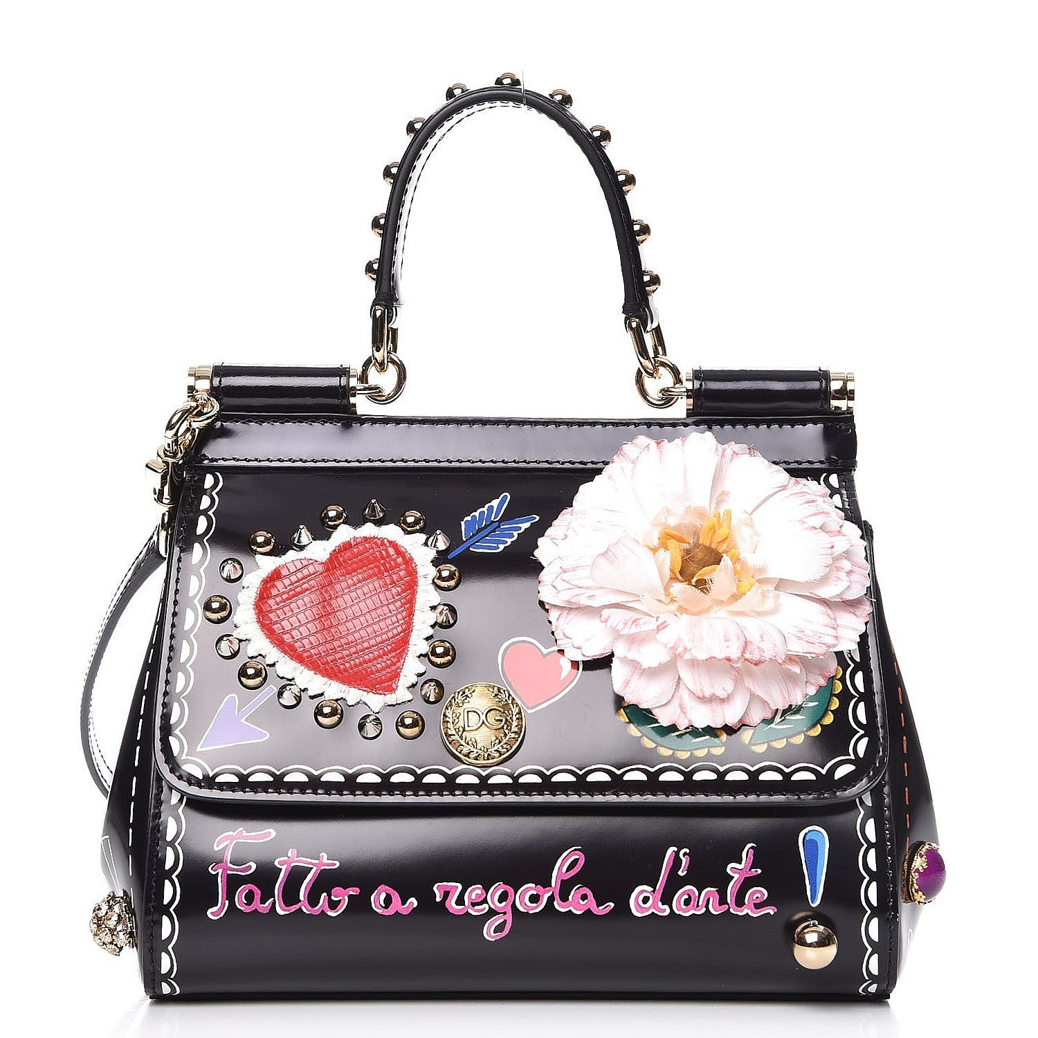 Dolce & Gabbana Glazed Calfskin Embroidered Medium Heart Flower Miss Sicily Satchel Black 1 of 11