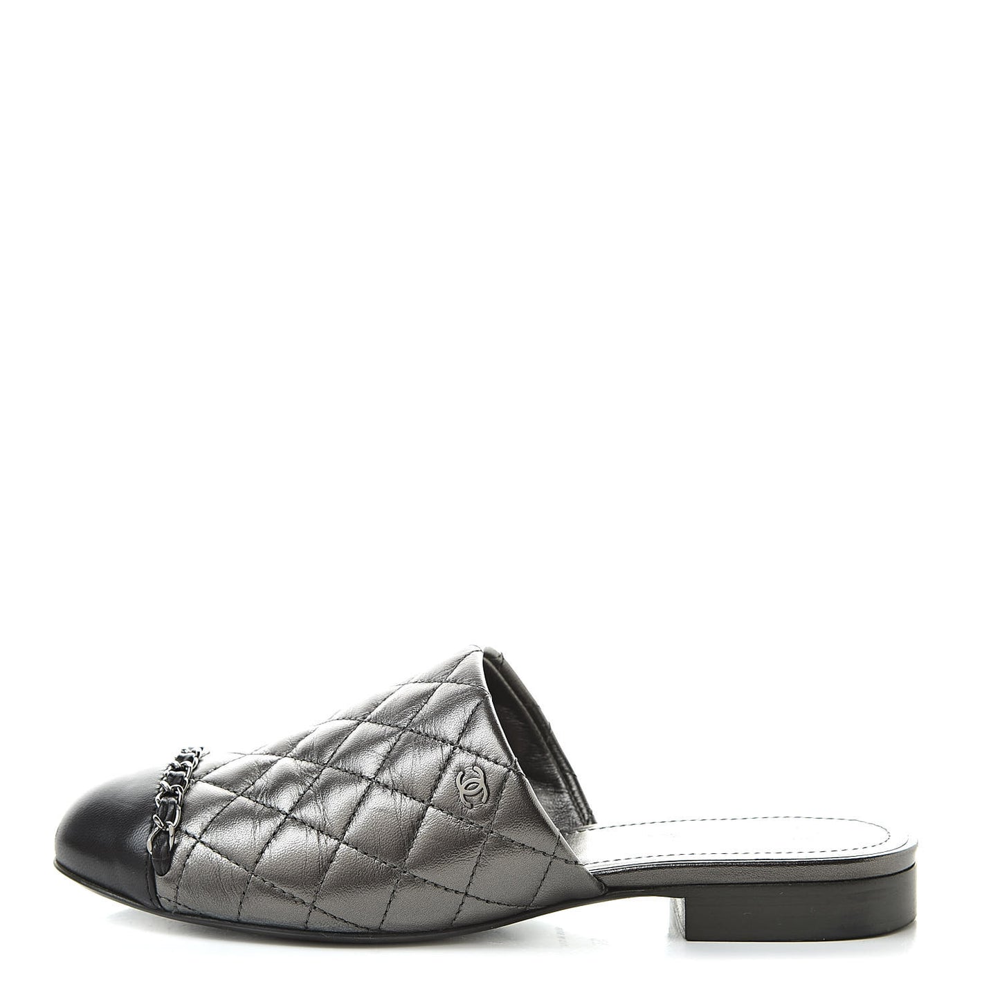 Iridescent Lambskin Quilted CC Chain Mules 36 Silver Black