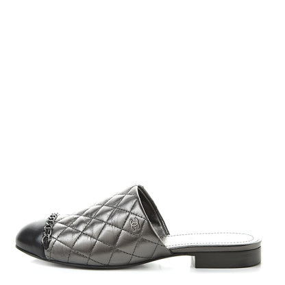 Chanel Iridescent Lambskin Quilted CC Chain Mules 36 Silver Black 1 of 16