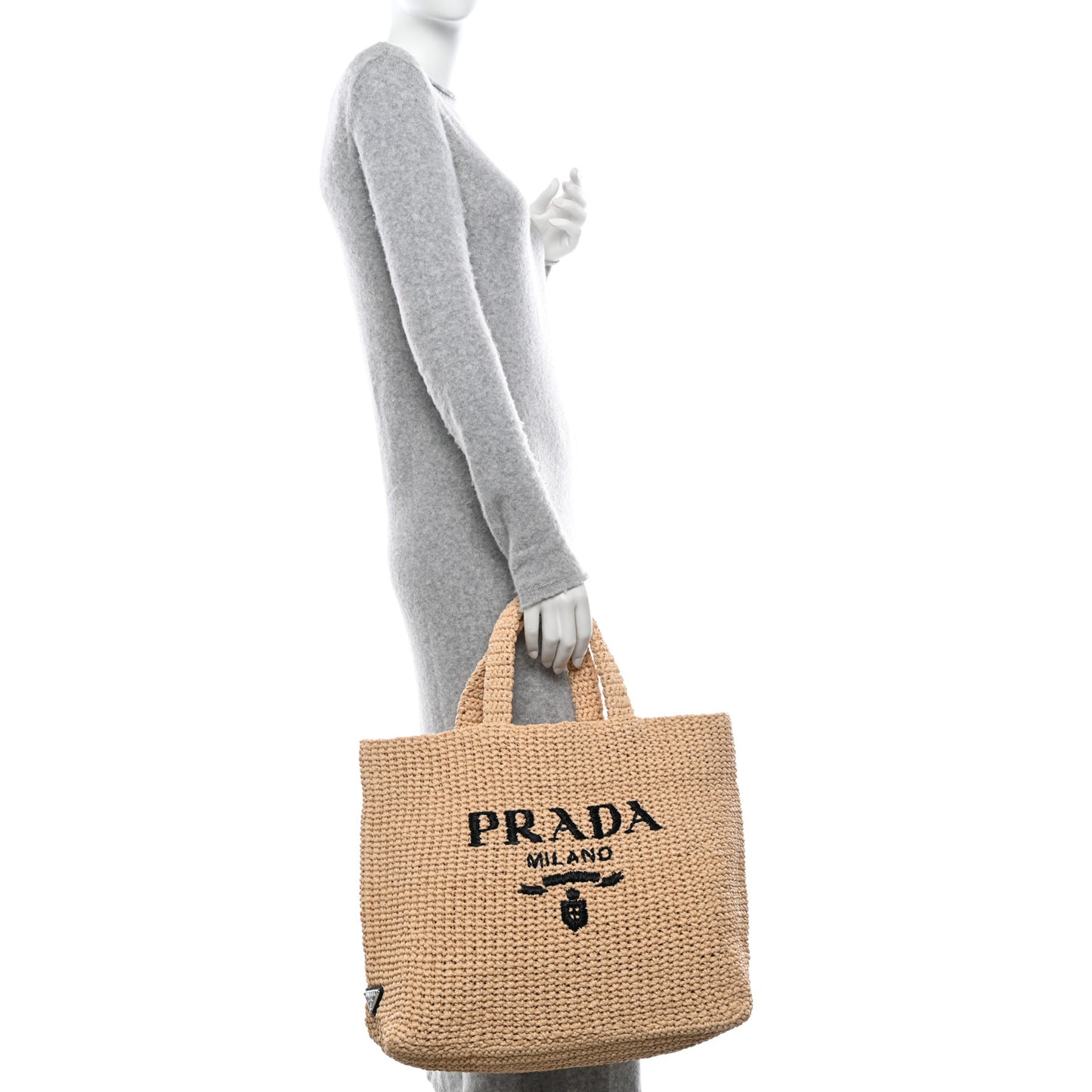 Yarn Raffia Effect Crochet Embroidered Logo Tote Naturale