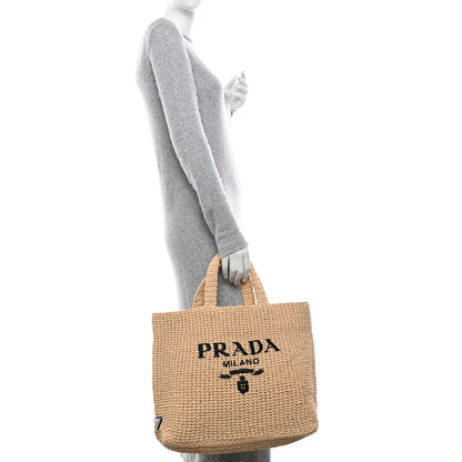 Prada Yarn Raffia Effect Crochet Embroidered Logo Tote Naturale 2 of 10