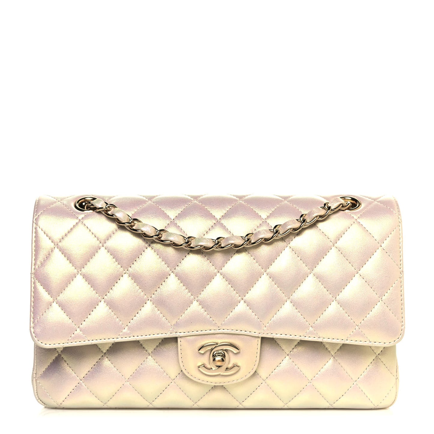 Iridescent Lambskin Quilted Medium Double Flap Ivory